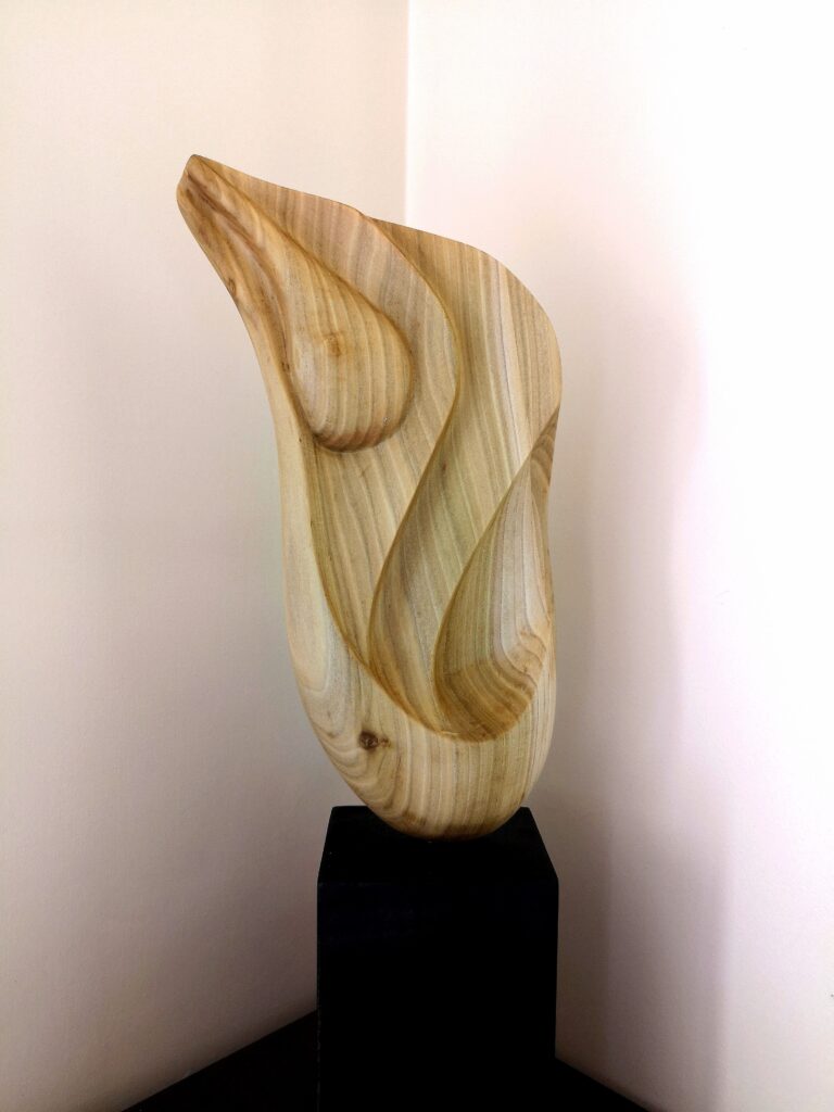 "Noi siamo Natura" Scultura in legno Tulipier, una figura antropomorfa, attraverso le forme concave e convesse, descrivo la nostra unione e unità con tutto l'universo. "Hen Kay Pan" Uno e tutto.